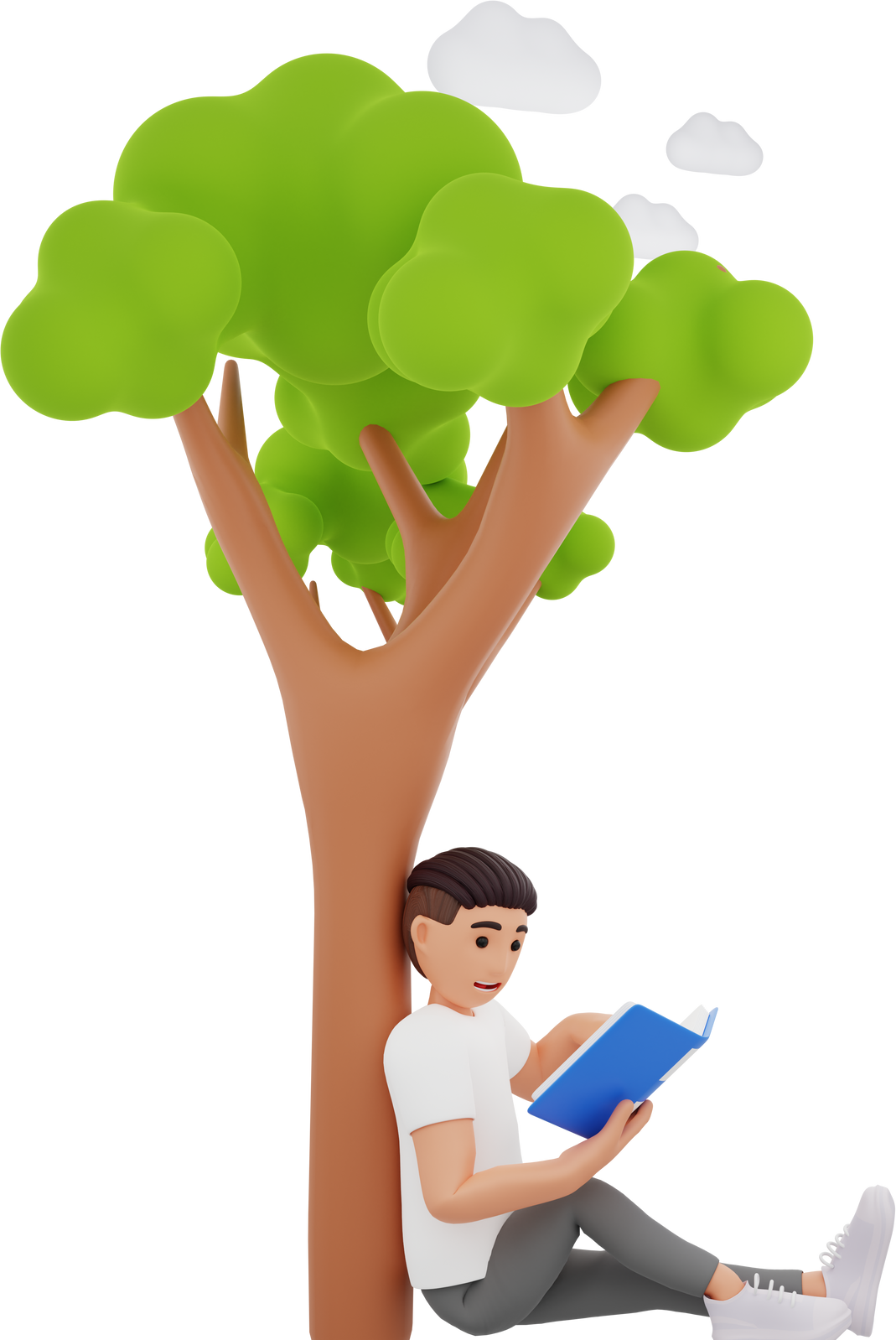 Boy reading book while sitting under a tree, 3D character illustration